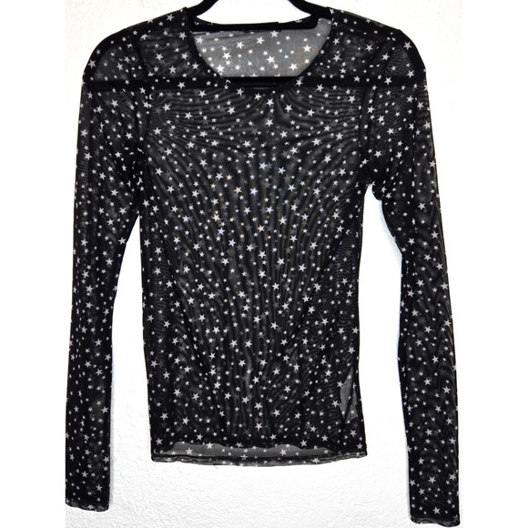 ZARA Womens Star Print Sheer Mesh Top Small Black White Long Sleeve Lightweight - Picture 1 of 8